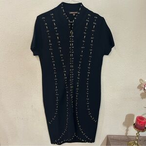 Adrienne Vittadini Duster Cardigan L Short Sleeve Longline Beaded Military Black